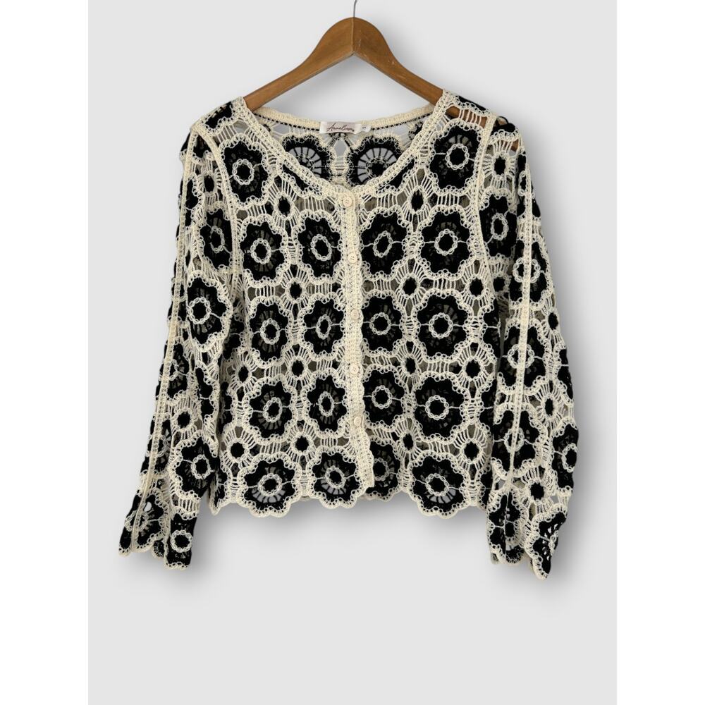 Anneliese Floral Crochet Lace Button-Up Top Long Sleeve Size Small